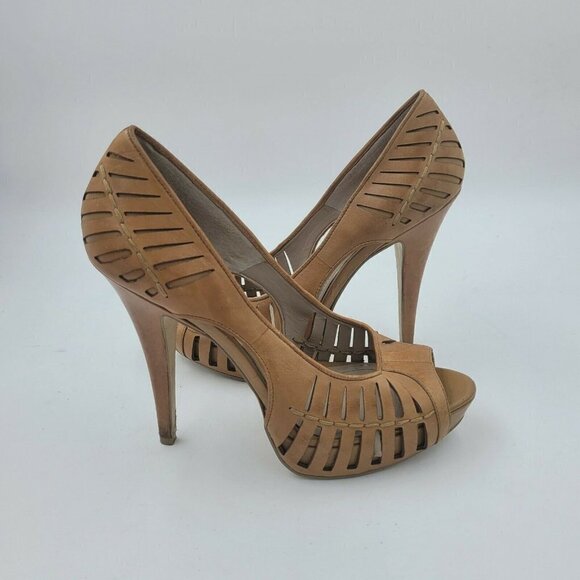 BCBGeneration Evie Tan Leather Peep Toe Stiletto Heel Pumps Size 10B - Picture 4 of 12